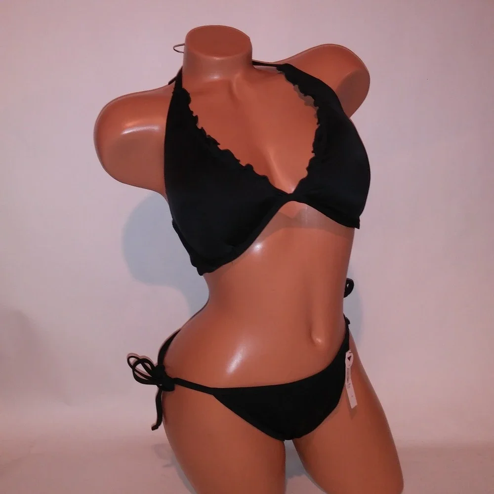 Victoria Secret Swim Bikini 36D Top Large Bottom Solid Black Ruffle Trim String